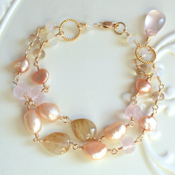 Gold Double Strand Bracelet with Golden Rutilated Quartz Made in Canada - Picture 3 of 9